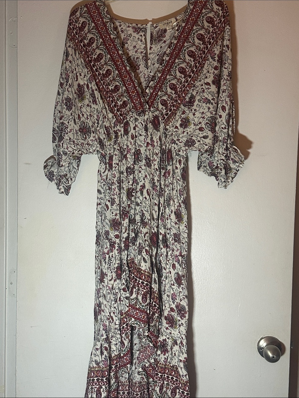 Umgee Ivory Maxi Dress with Burgundy Paisley Accents